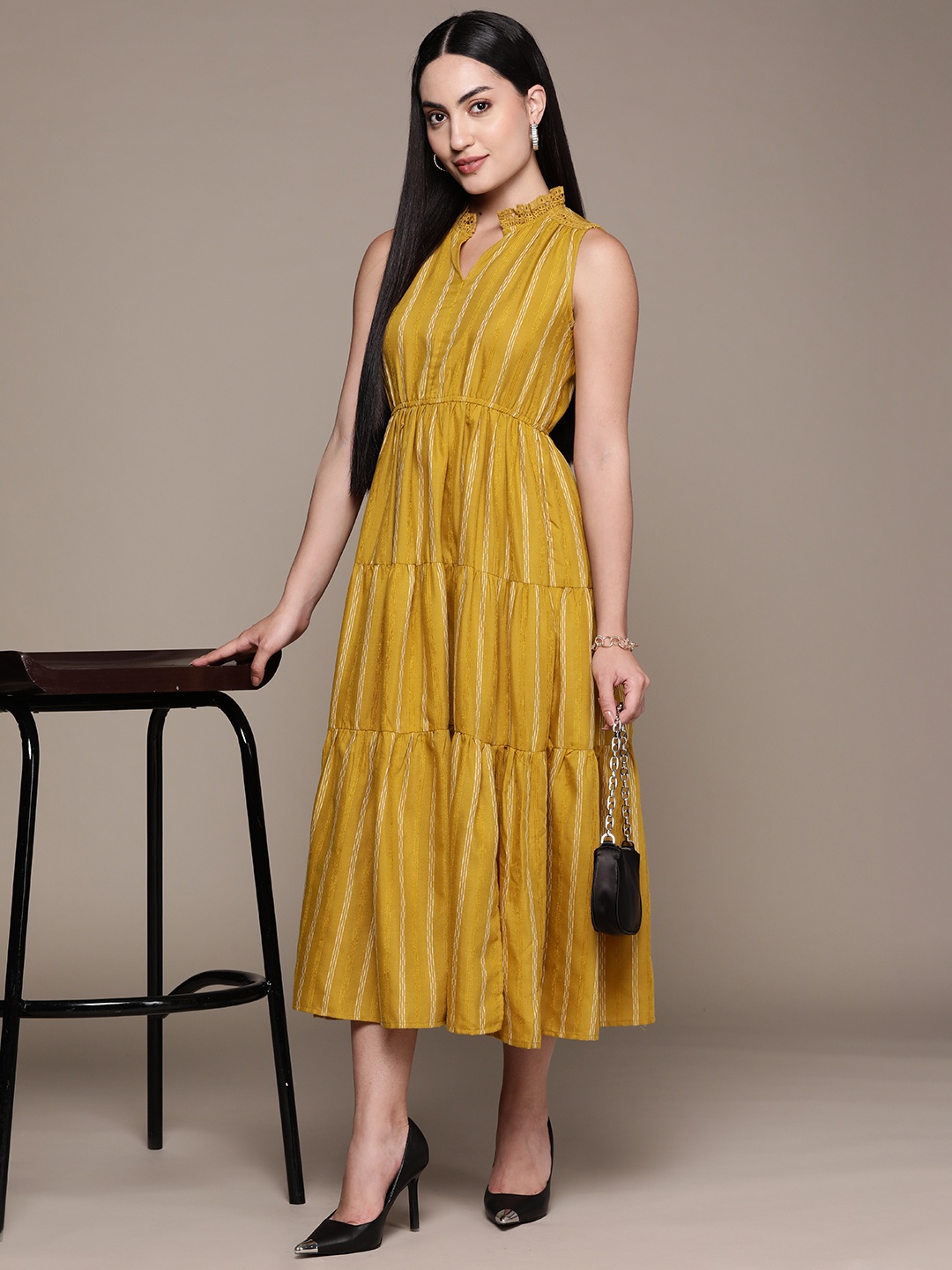 

aarke Ritu Kumar Striped A-Line Cotton Midi Dress, Olive