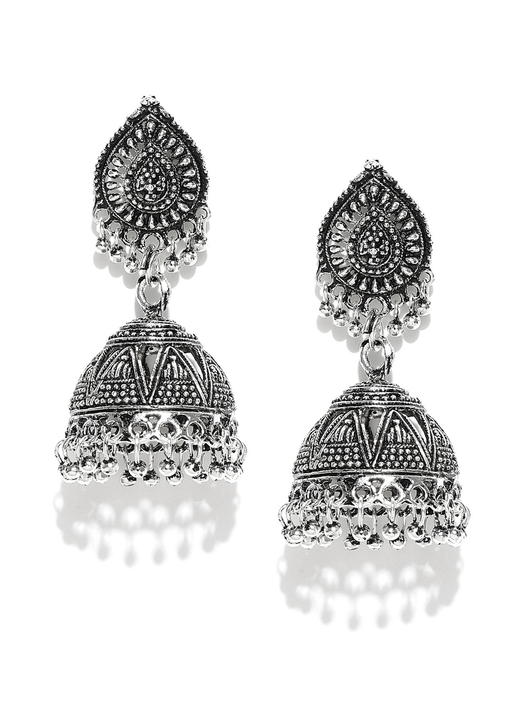 

Zaveri Pearls Oxidised Silver-Plated Dome Shaped Jhumkas