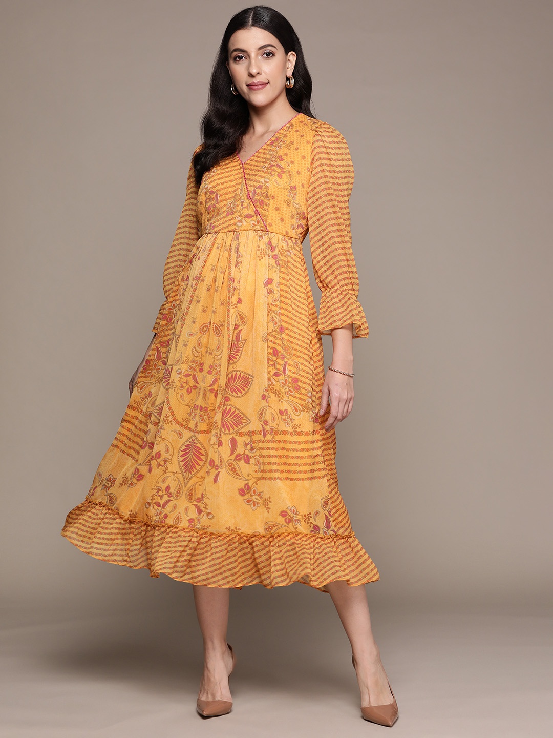 

aarke Ritu Kumar Floral Print Puff Sleeve Chiffon Midi Dress, Yellow