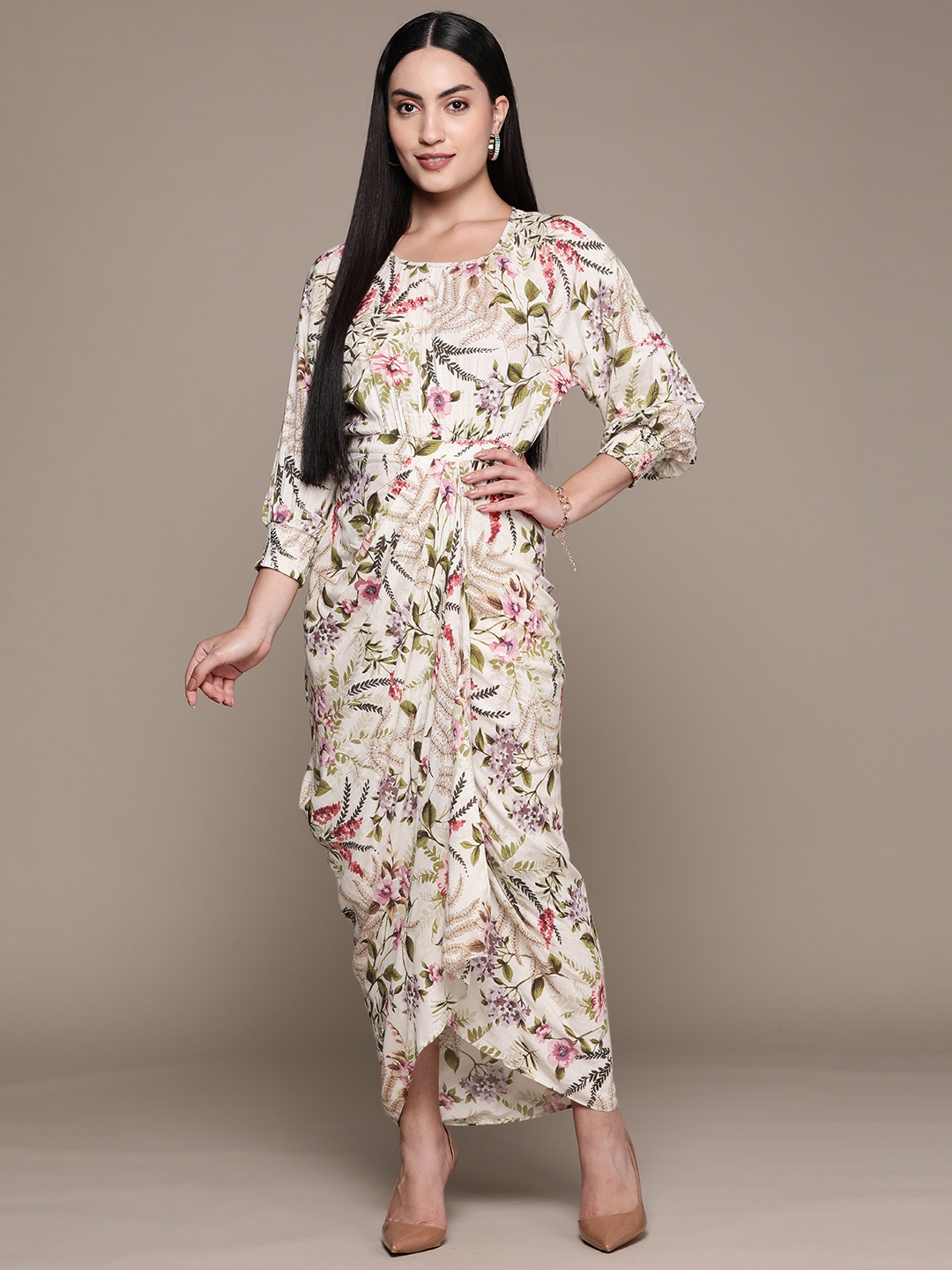 

aarke Ritu Kumar Floral Print Puff Sleeve Maxi Dress, Off white