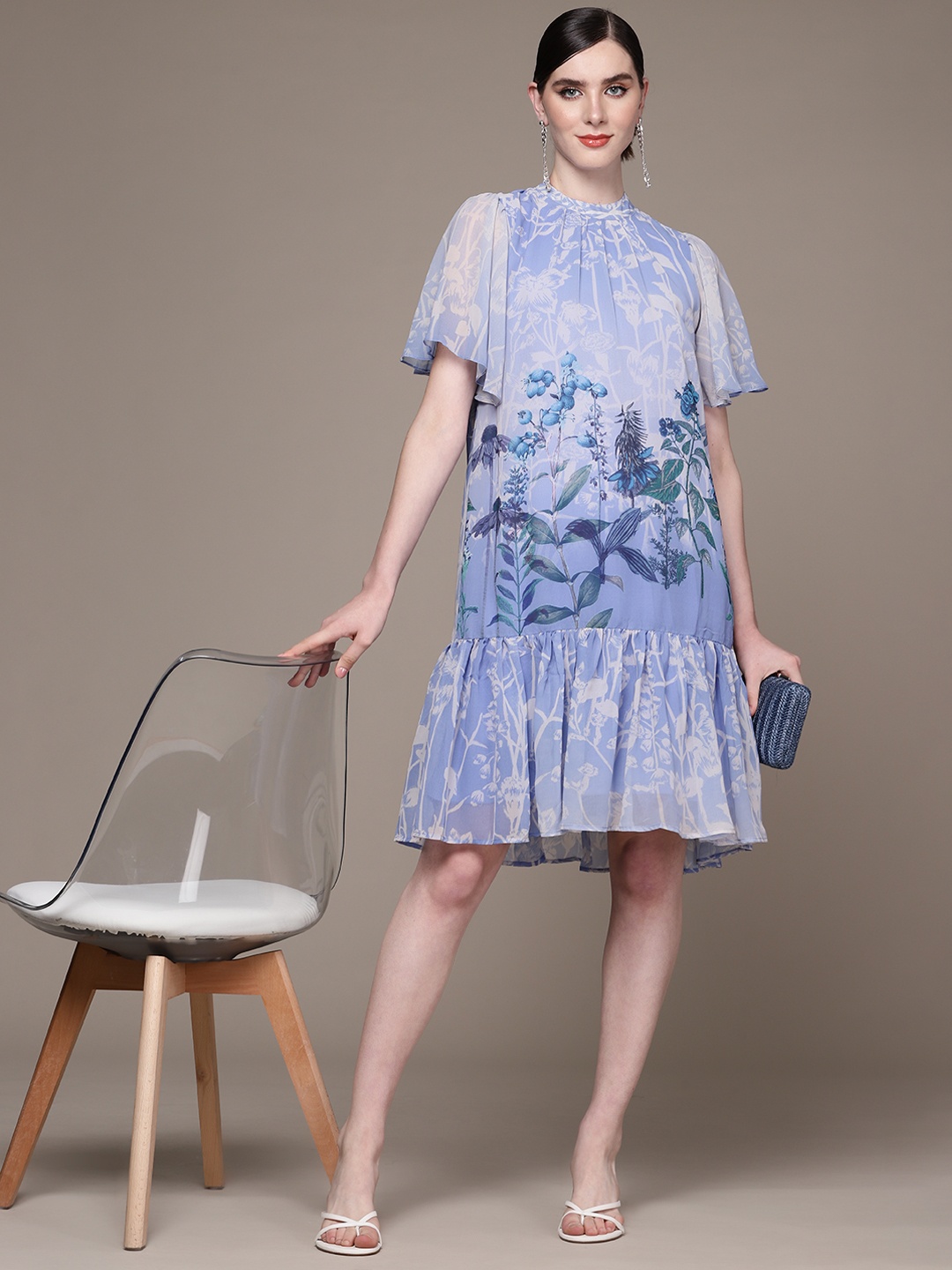 

aarke Ritu Kumar Floral Print Flared Sleeves Tiered Georgette A-Line Dress, Blue