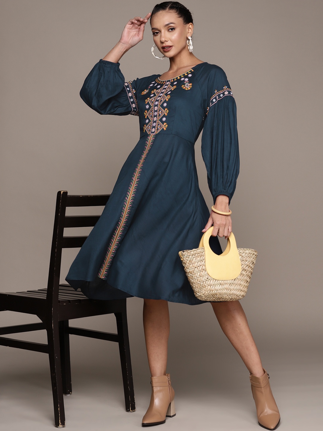 

aarke Ritu Kumar Ethnic Motifs Embroidered Puff Sleeve A-Line Dress, Teal