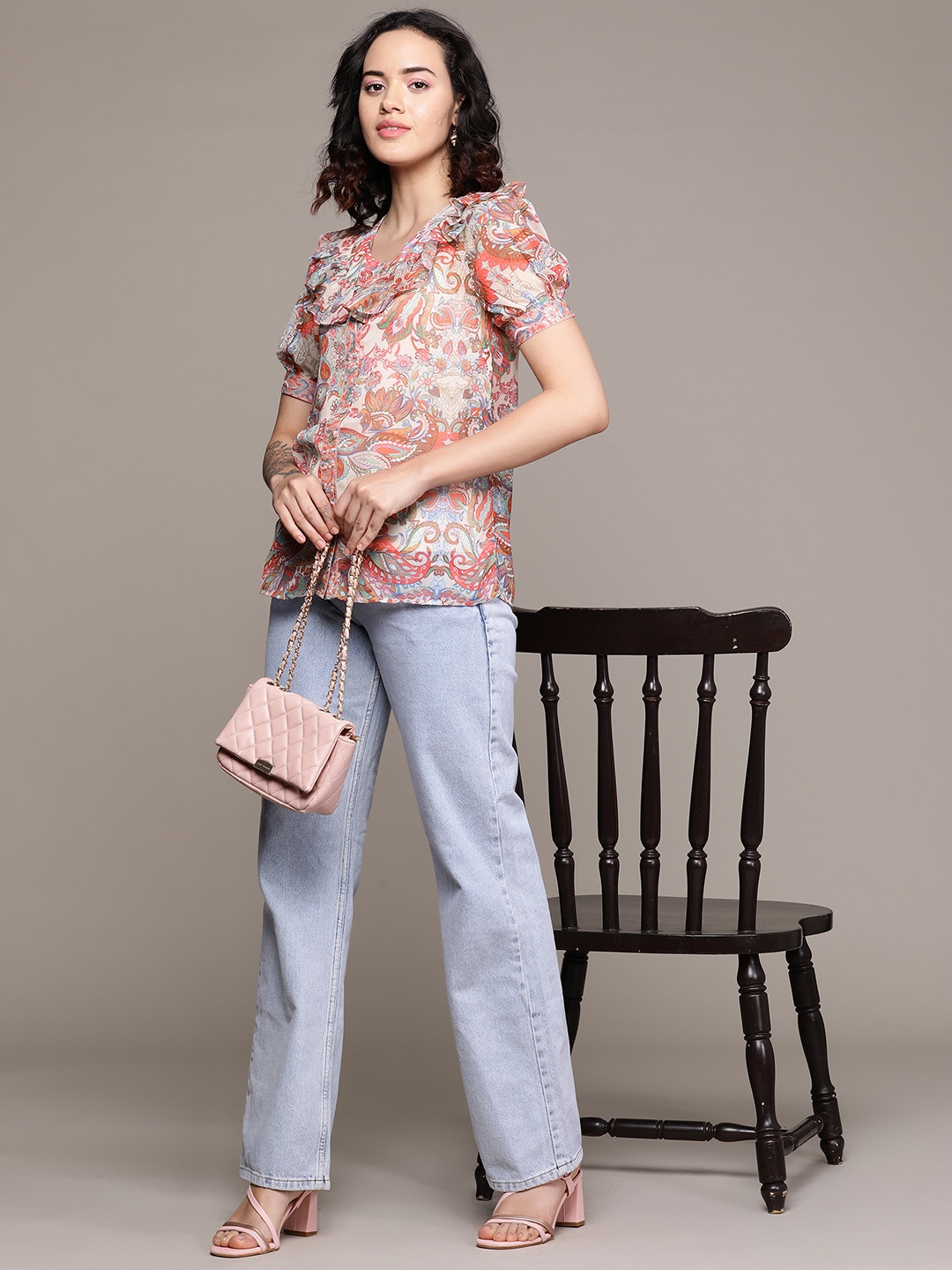 

aarke Ritu Kumar Print Puff Sleeves Ruffles Ethnic Chiffon Top With Camisole, Multi