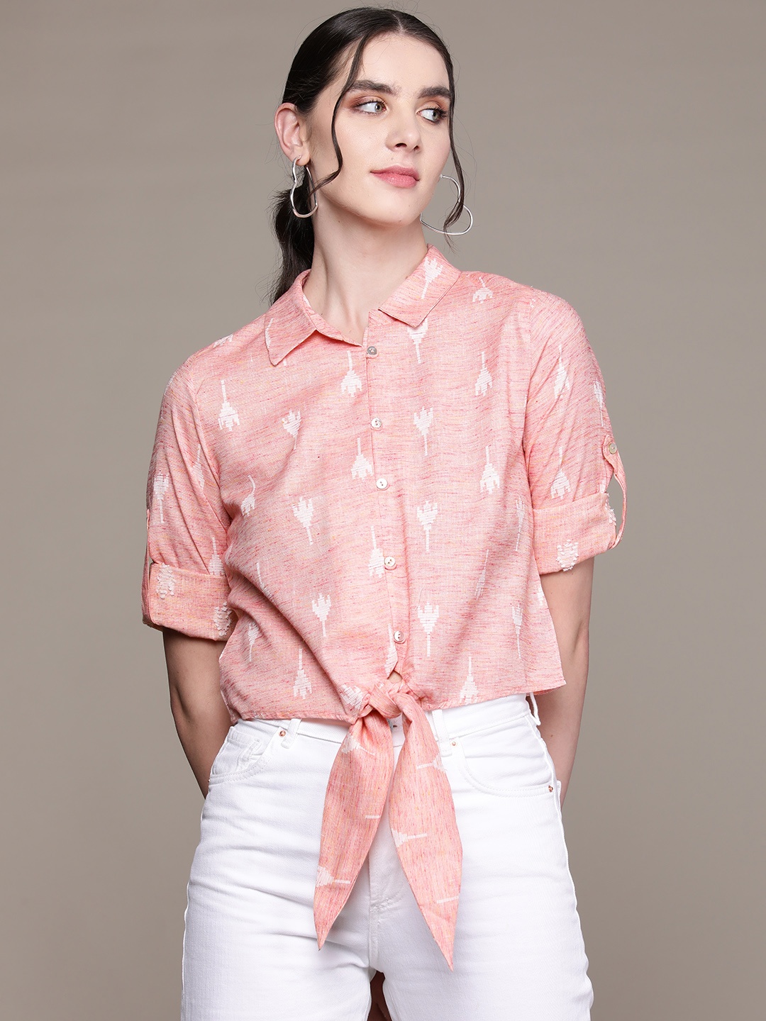 

aarke Ritu Kumar Standard Floral Casual Shirt With Tie-Up Detail, Peach