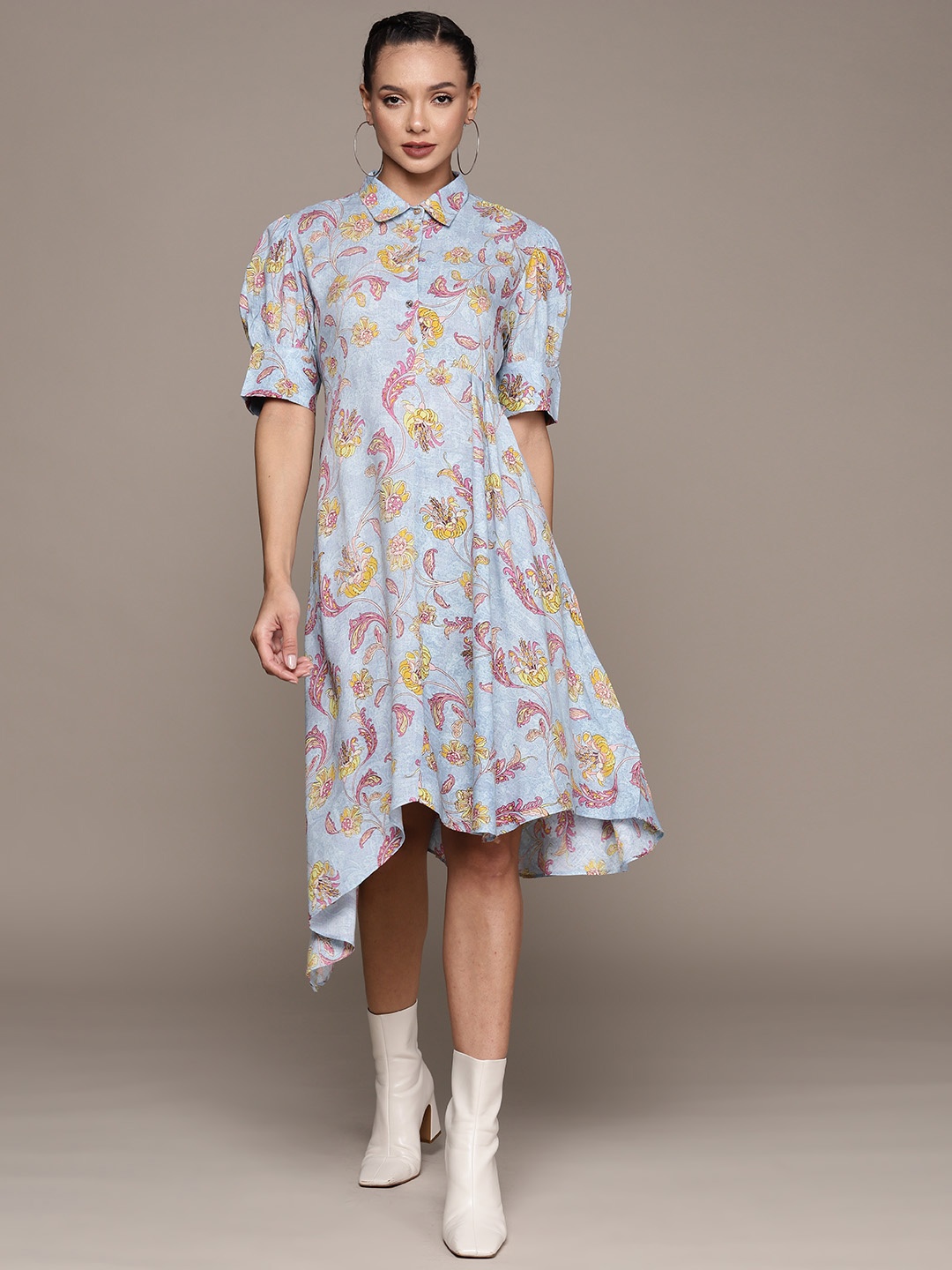 

aarke Ritu Kumar Floral Print Puff Sleeve Shirt Midi Dress, Turquoise blue
