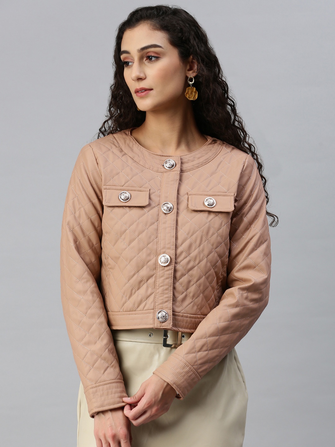 

London Rag Women Crop Quilted Jacket, Taupe