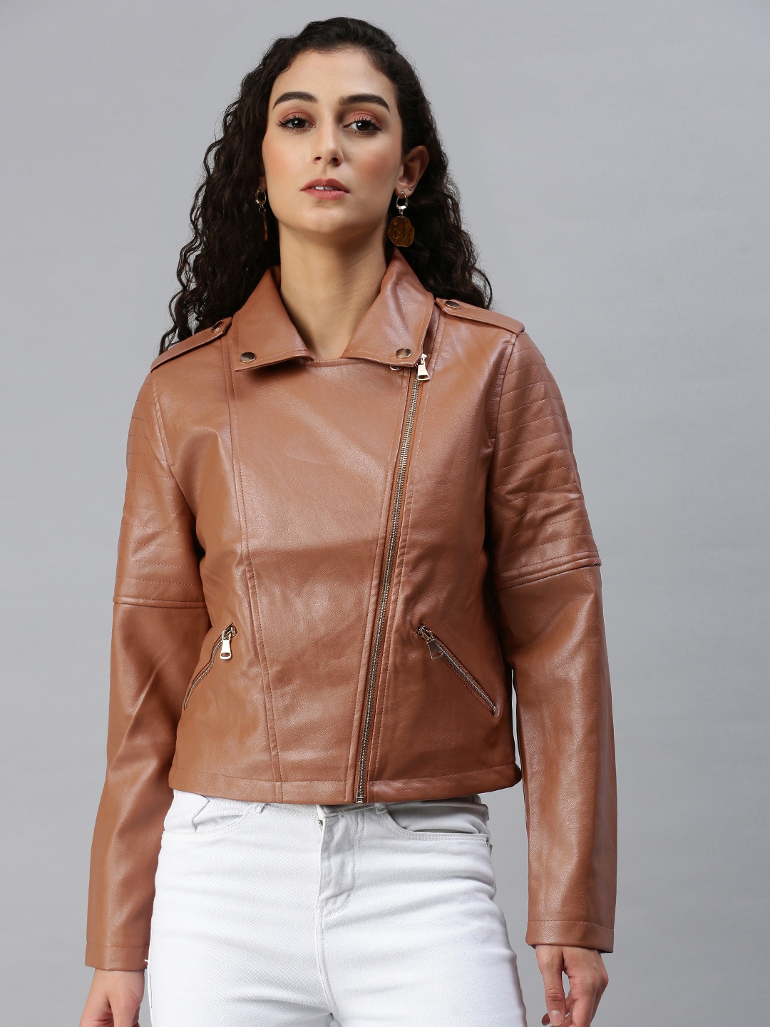 

London Rag Women PU Biker Jacket, Camel brown