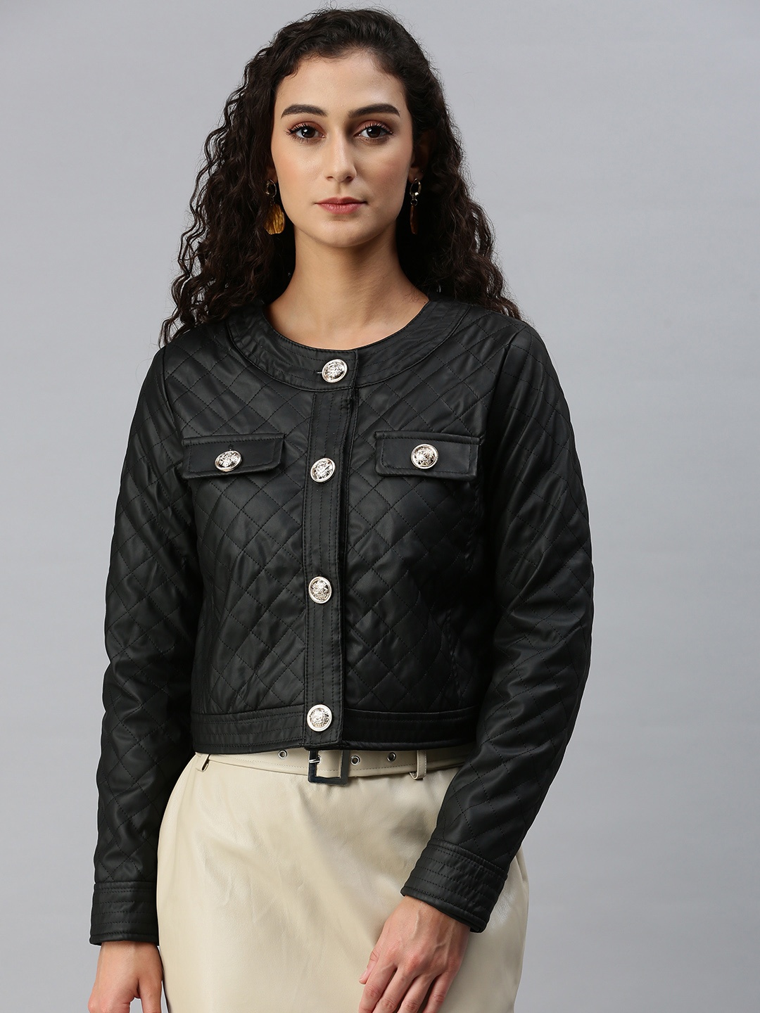 

London Rag Women Crop Quilted Jacket, Black