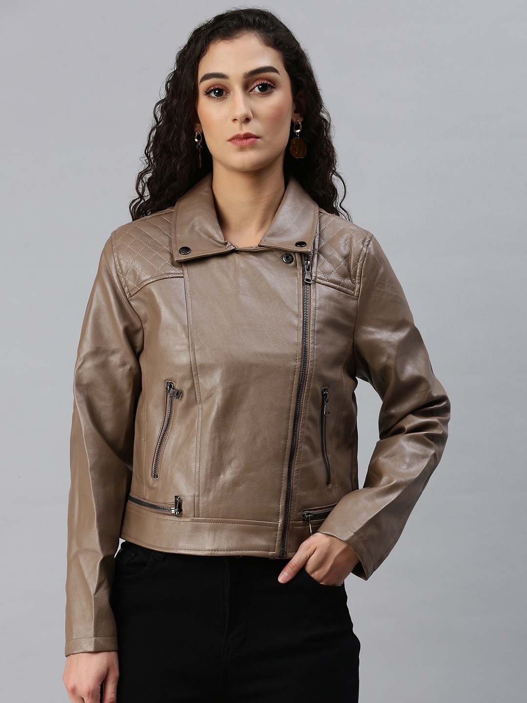 

London Rag Women PU Biker Jacket, Brown