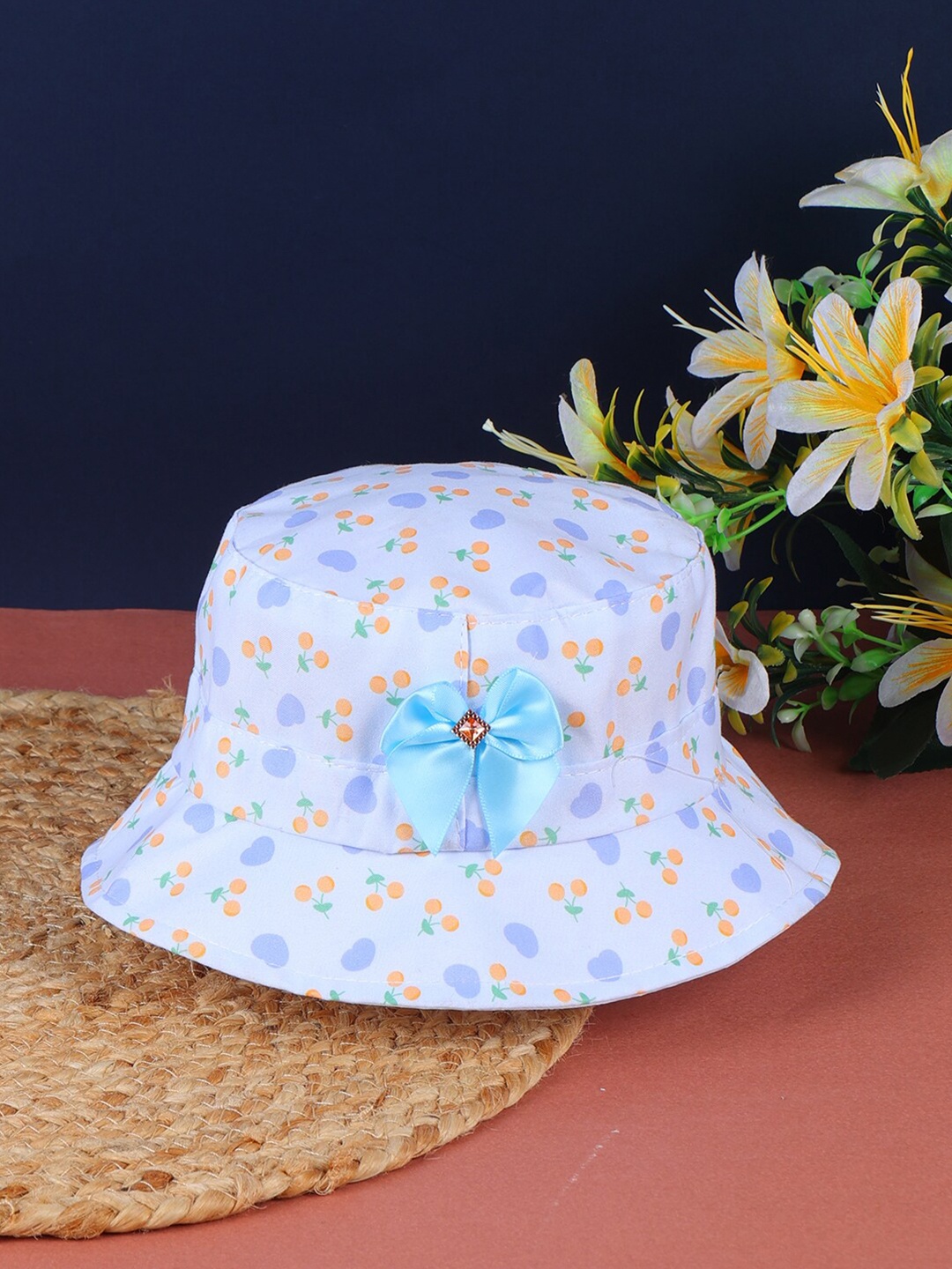 

PASSION PETALS Infants Girls Cherry Printed Cotton Bucket Hats With Bow, Blue
