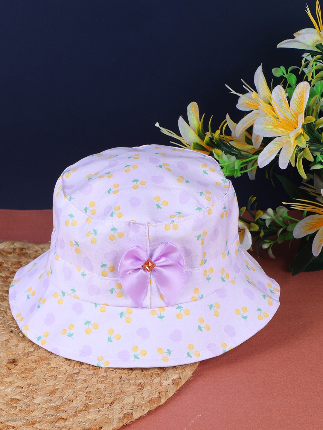 

PASSION PETALS Infants Girls Cherry Printed Cotton Bucket Hats With Bow, Purple