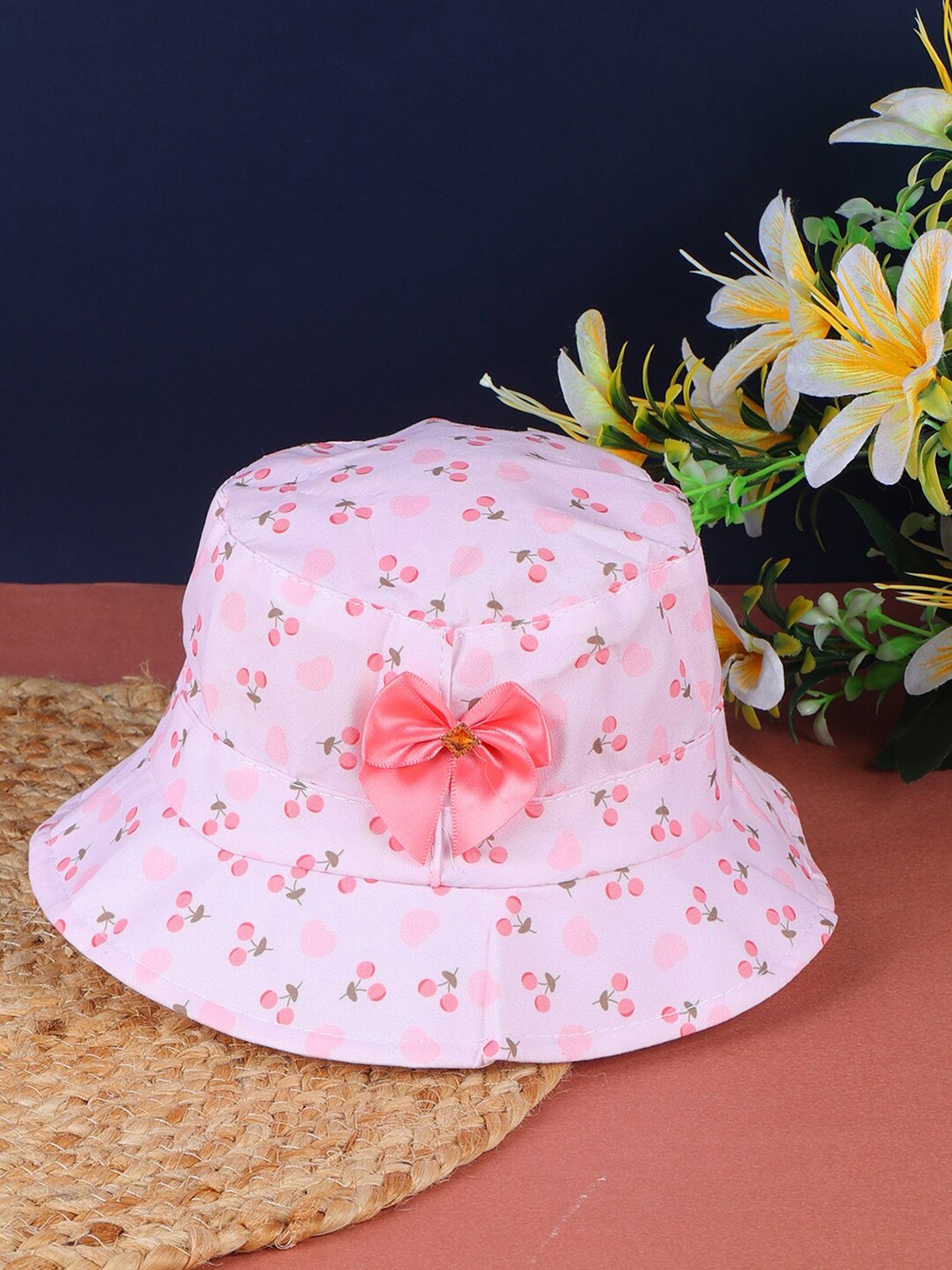 

PASSION PETALS Infants Girls Cherry Printed Cotton Bucket Hats With Bow, Pink