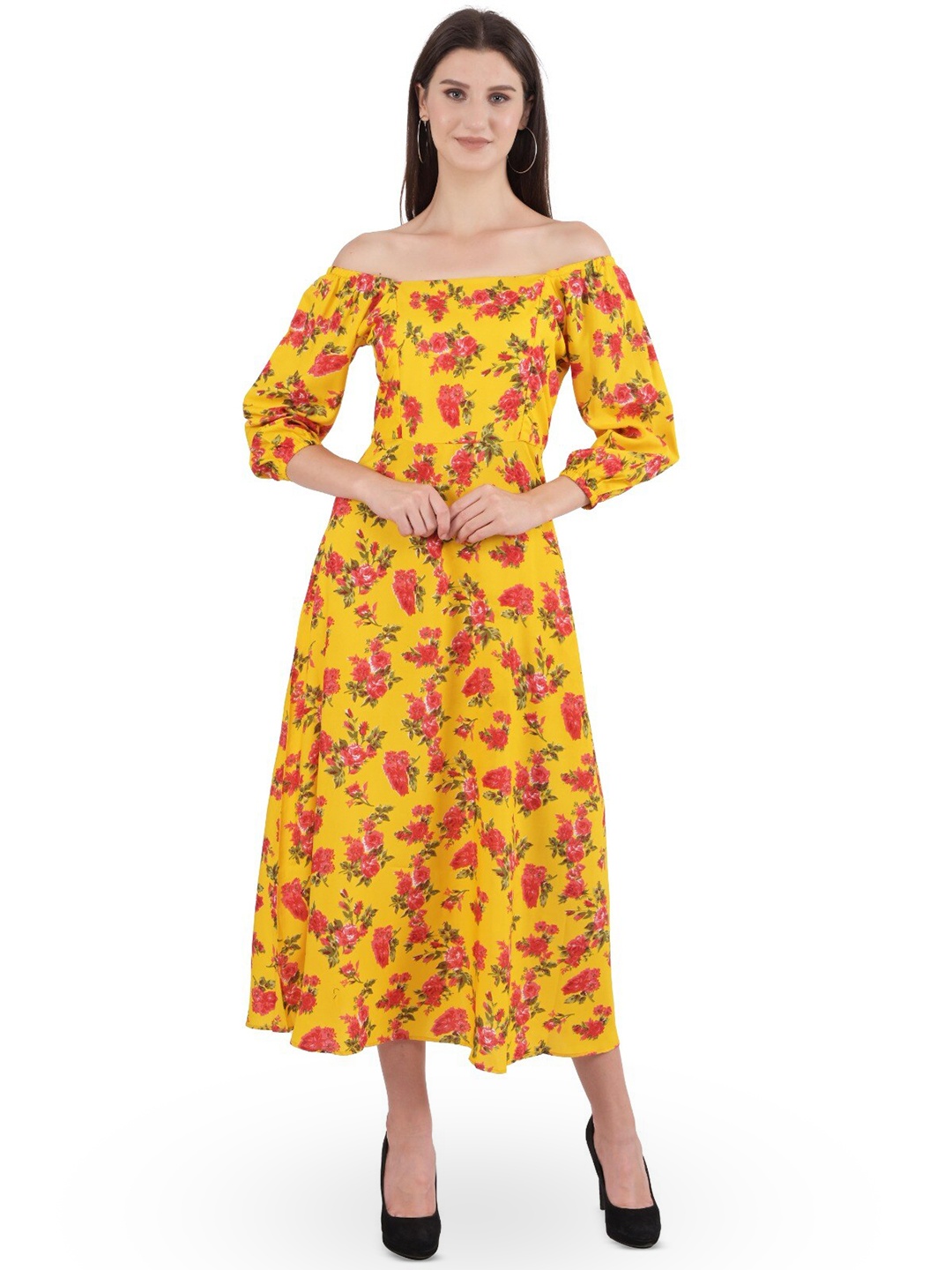 

Ashnaina Floral Print Off-Shoulder Crepe Fit & Flare Midi Dress, Yellow