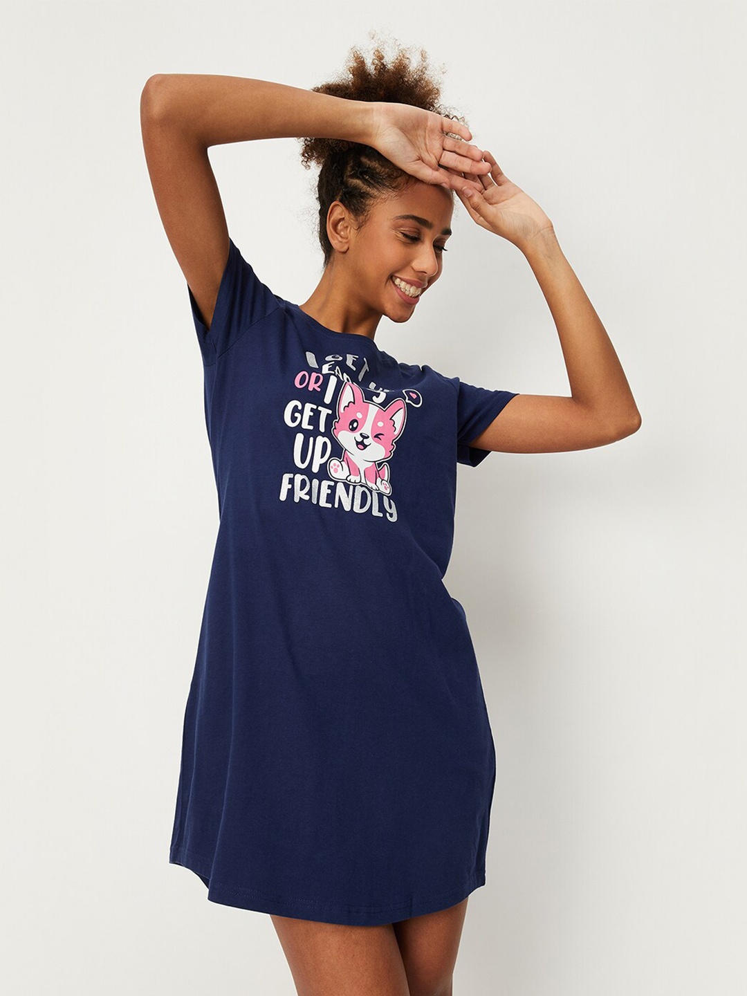 

max Typography Printed Pure Cotton Nightdress, Navy blue