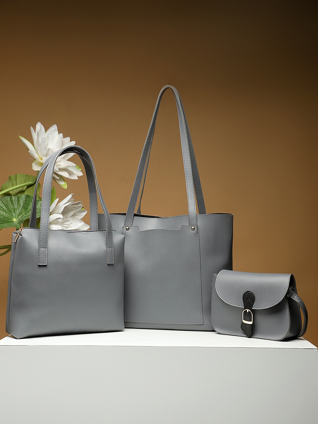 

LEGAL BRIBE Women Set Of 3 Structured Oversized Handbags, Grey
