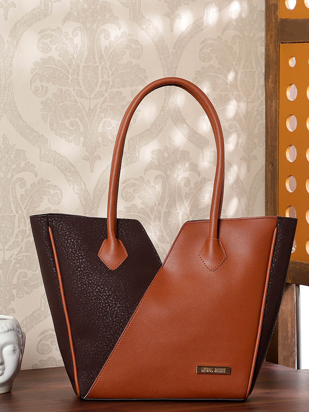 

LEGAL BRIBE Colourblocked PU Water Resistant Structured Shoulder Bag, Brown