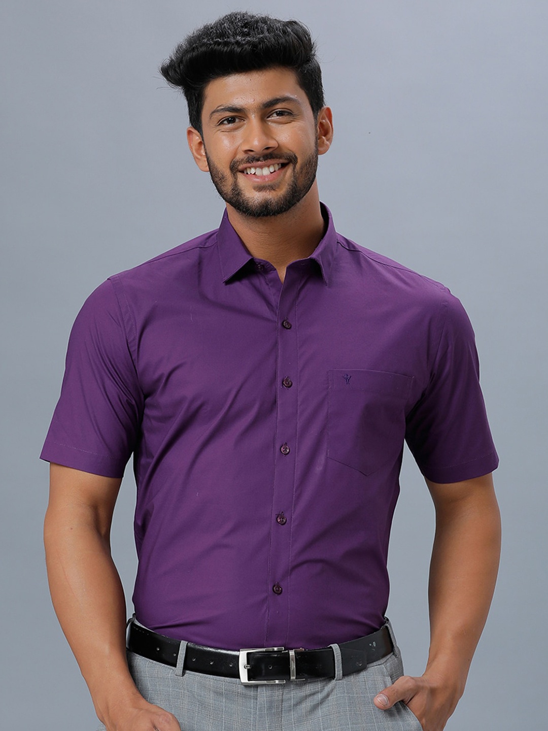 

Ramraj Men Cotton Short Sleeves Opaque Formal Shirt, Purple
