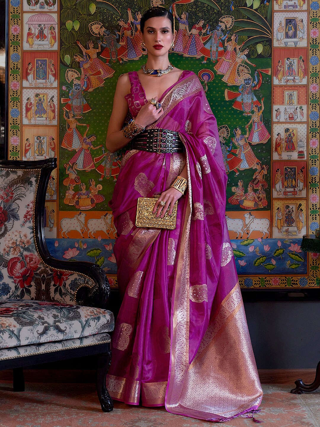

Mitera Ethnic Motifs Woven Design Zari Organza Saree, Purple