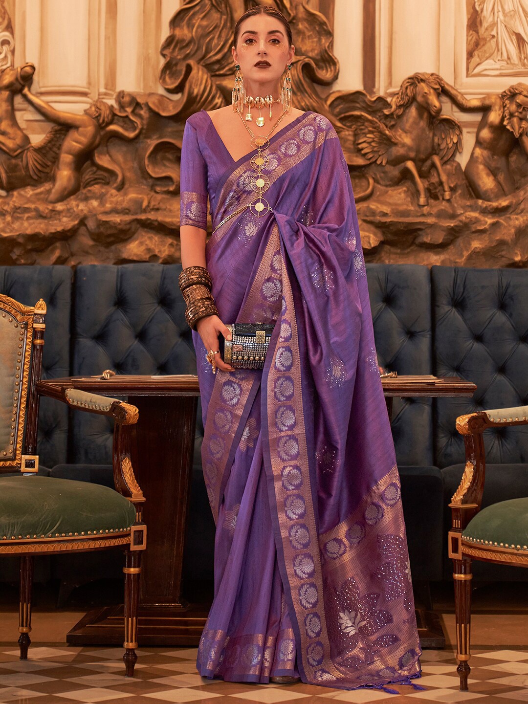 

Mitera Floral Woven Design Embellished Zari Silk Blend Banarasi Saree, Purple