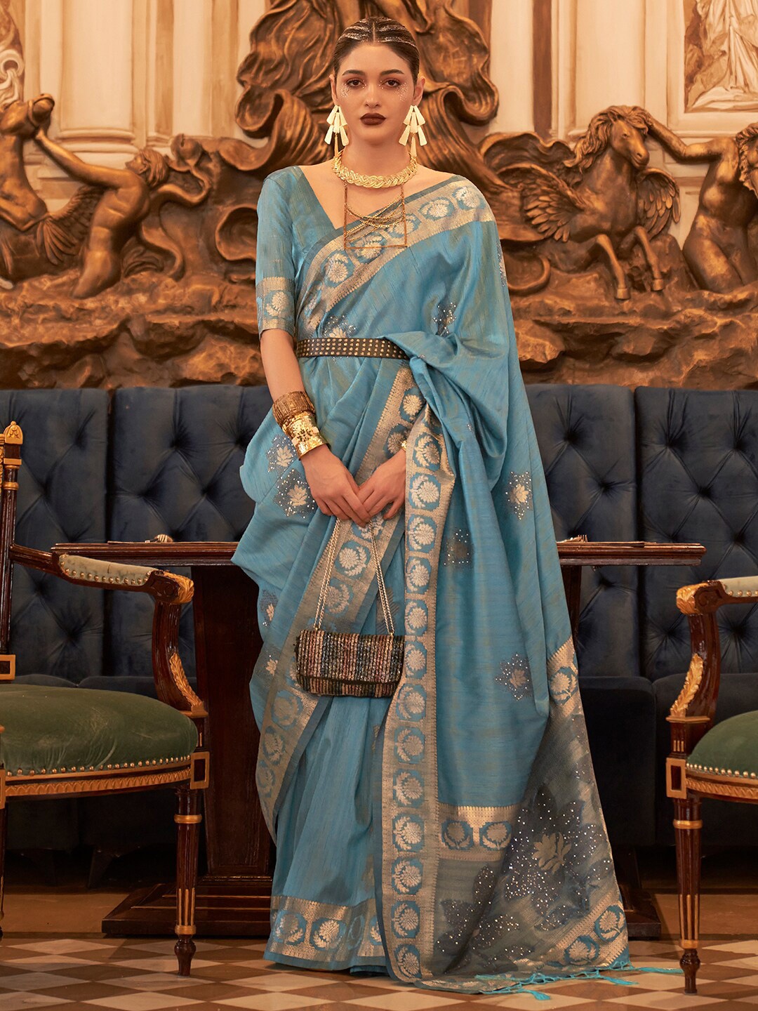 

Mitera Woven Design Zari Silk Blend Banarasi Saree, Blue