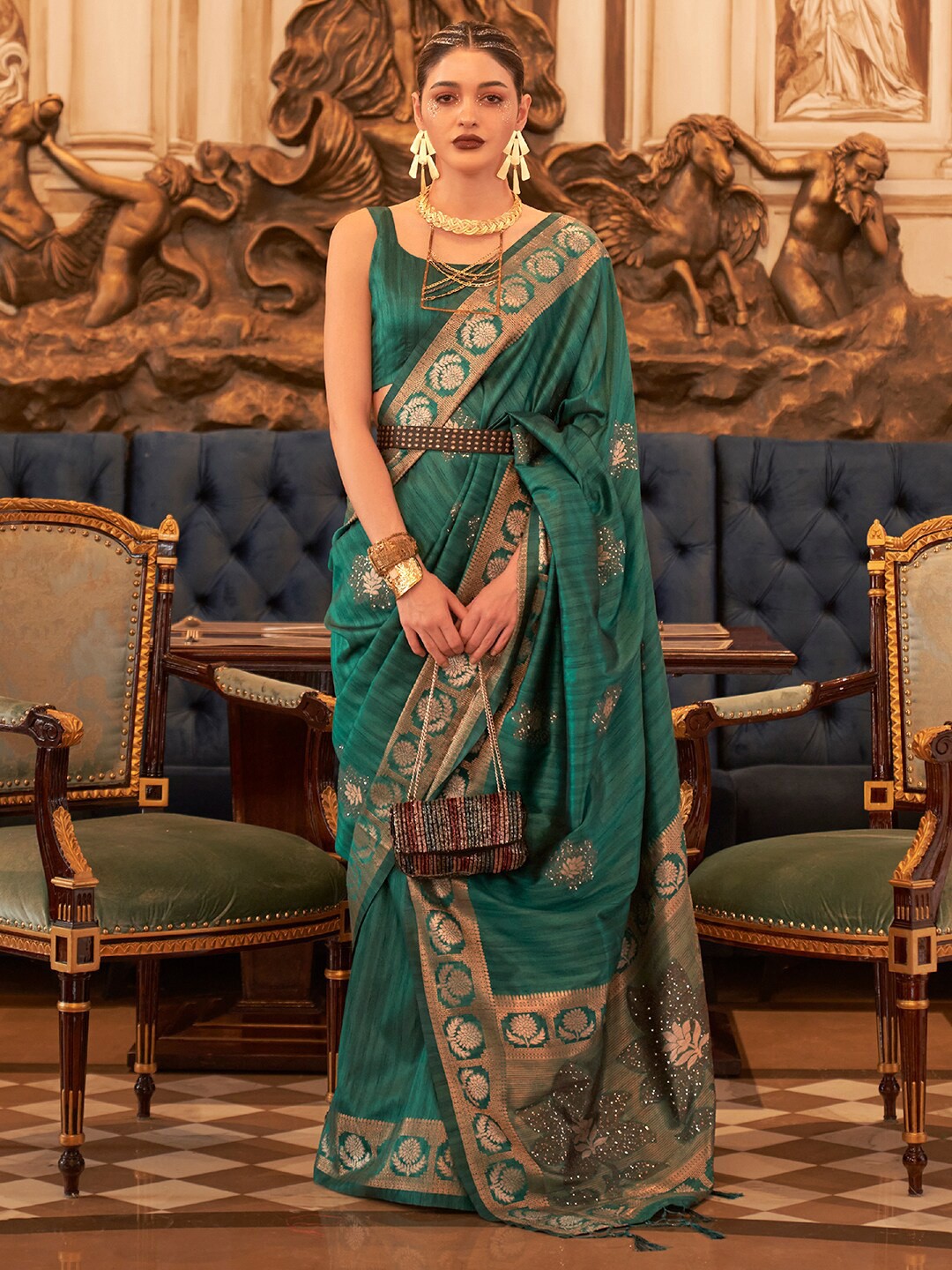 

Mitera Floral Woven Design Zari Silk Blend Banarasi Saree, Teal