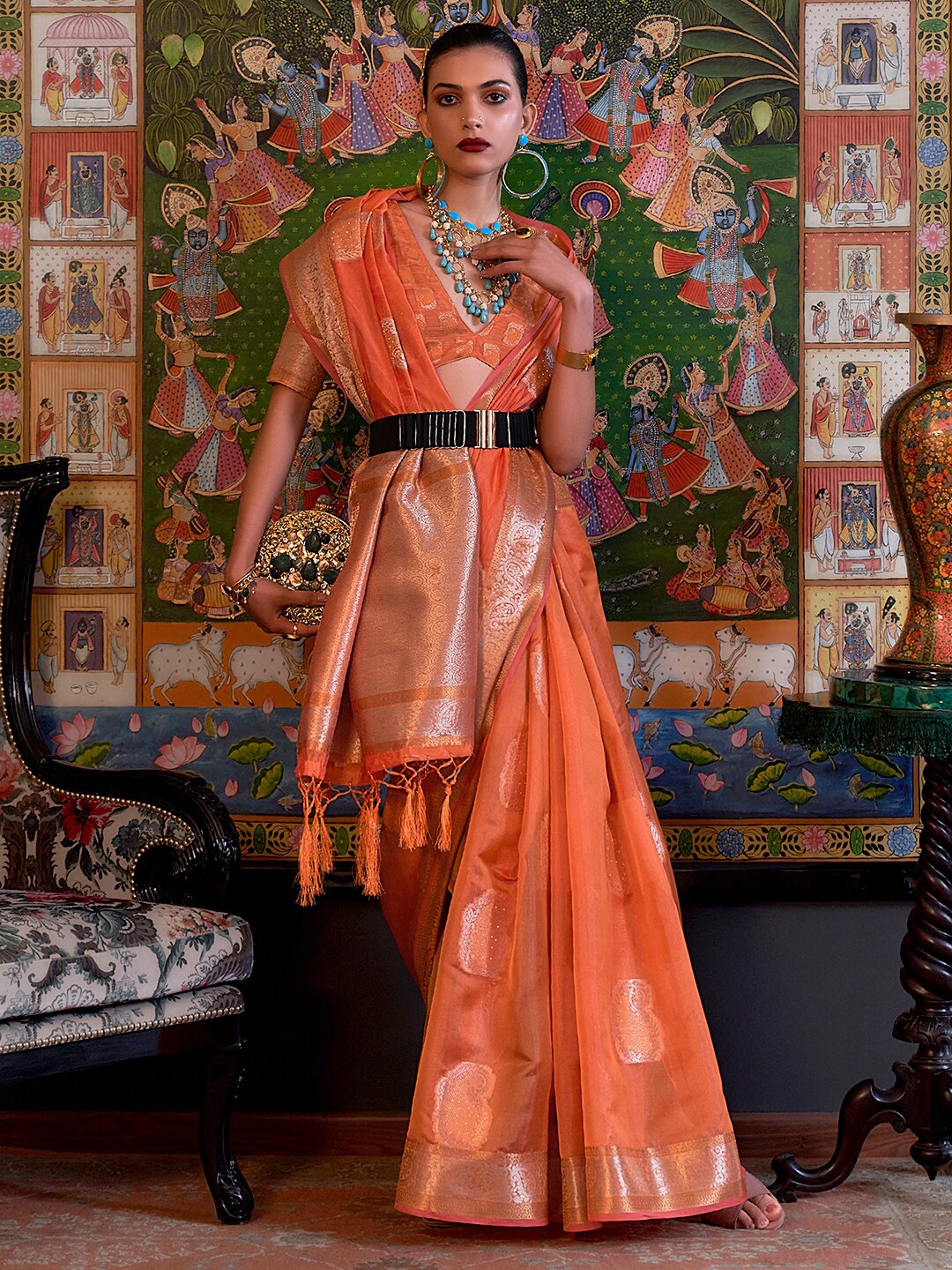 

Mitera Woven Design Zari Organza Saree, Peach