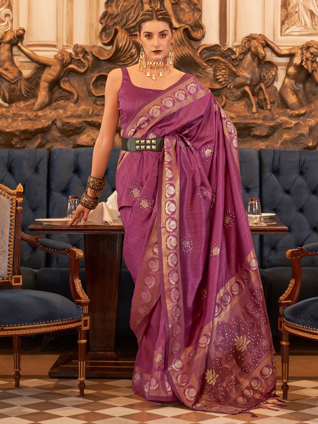 

Mitera Woven Design Zari Silk Blend Banarasi Saree, Magenta