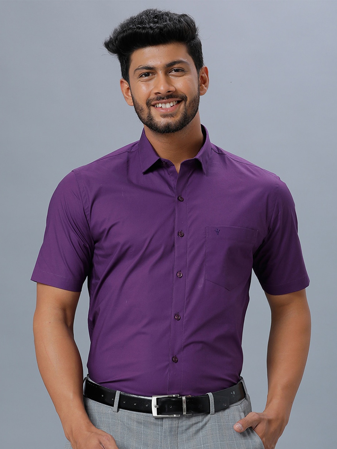 

Ramraj Men Cotton Short Sleeves Opaque Formal Shirt, Purple