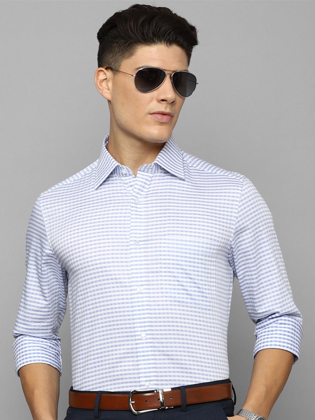 

Louis Philippe Grid Tattersall Checked Pure Cotton Formal Shirt, Blue