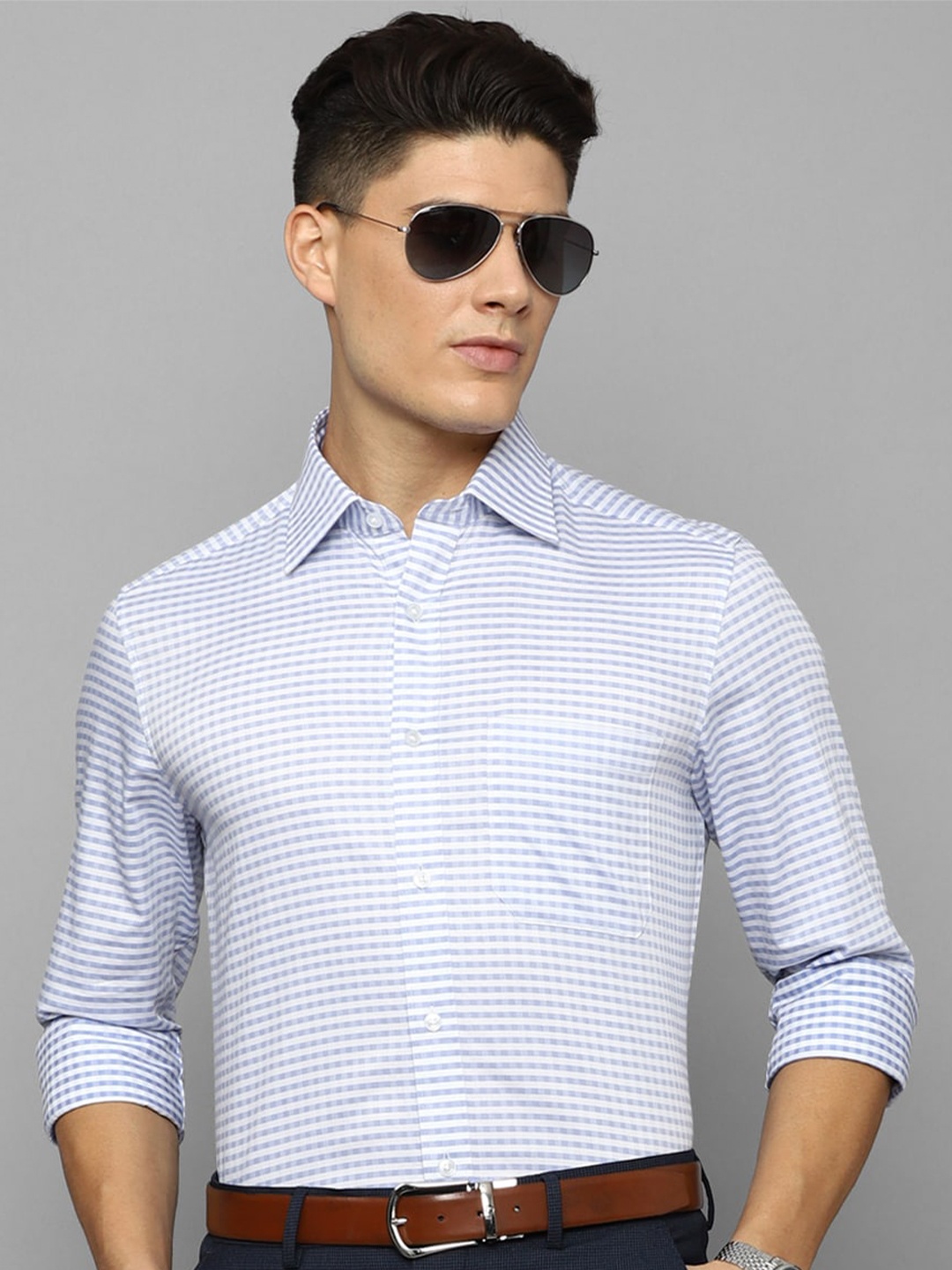 

Louis Philippe Pure Cotton Grid Tattersall Checked Formal Shirt, Blue