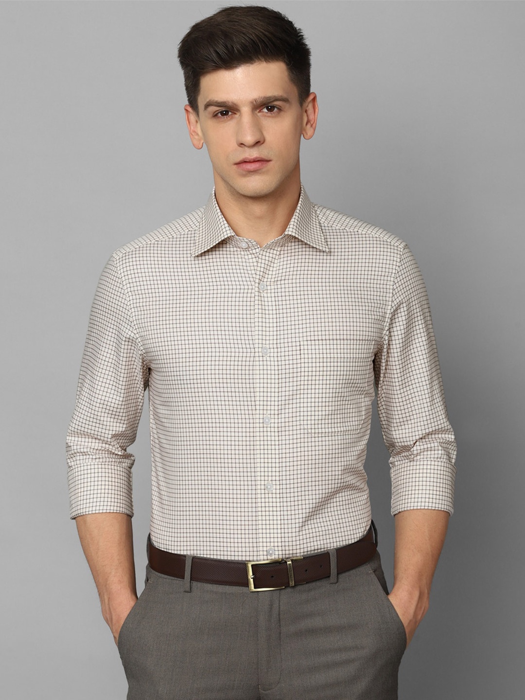 

Louis Philippe Pure Cotton Grid Tattersall Checked Formal Shirt, Brown