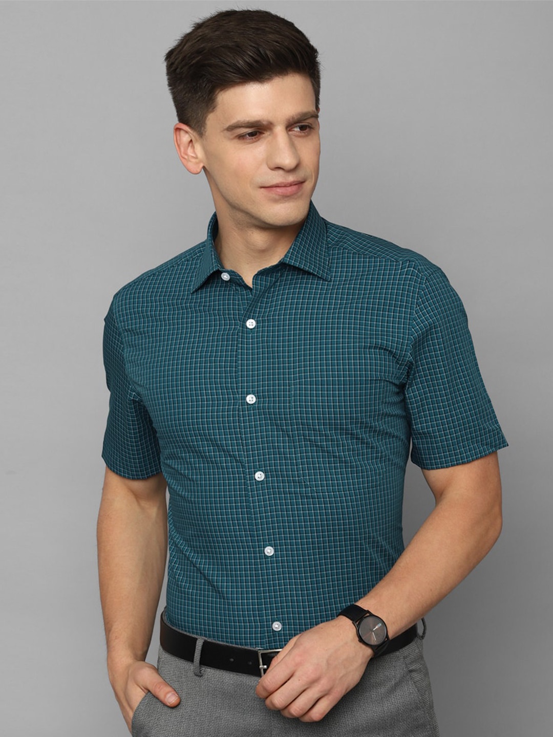 

Louis Philippe Grid Tattersall Checked Pure Cotton Formal Shirt, Green