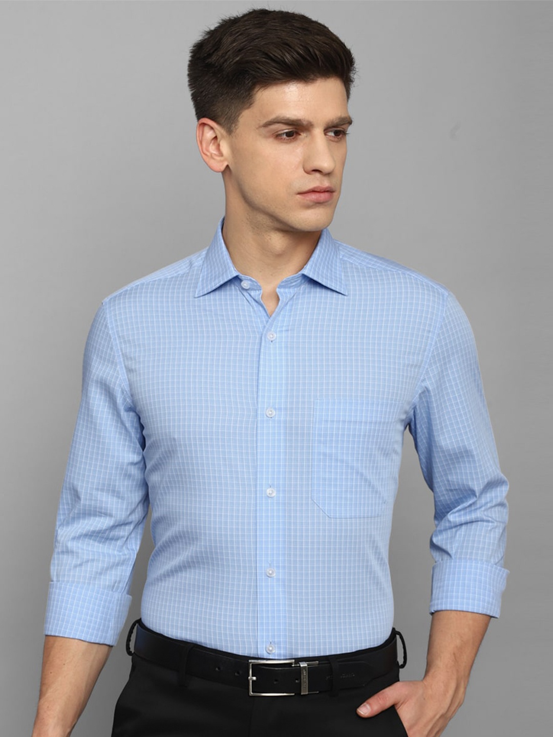 

Louis Philippe Pure Cotton Grid Tattersall Checked Formal Shirt, Blue