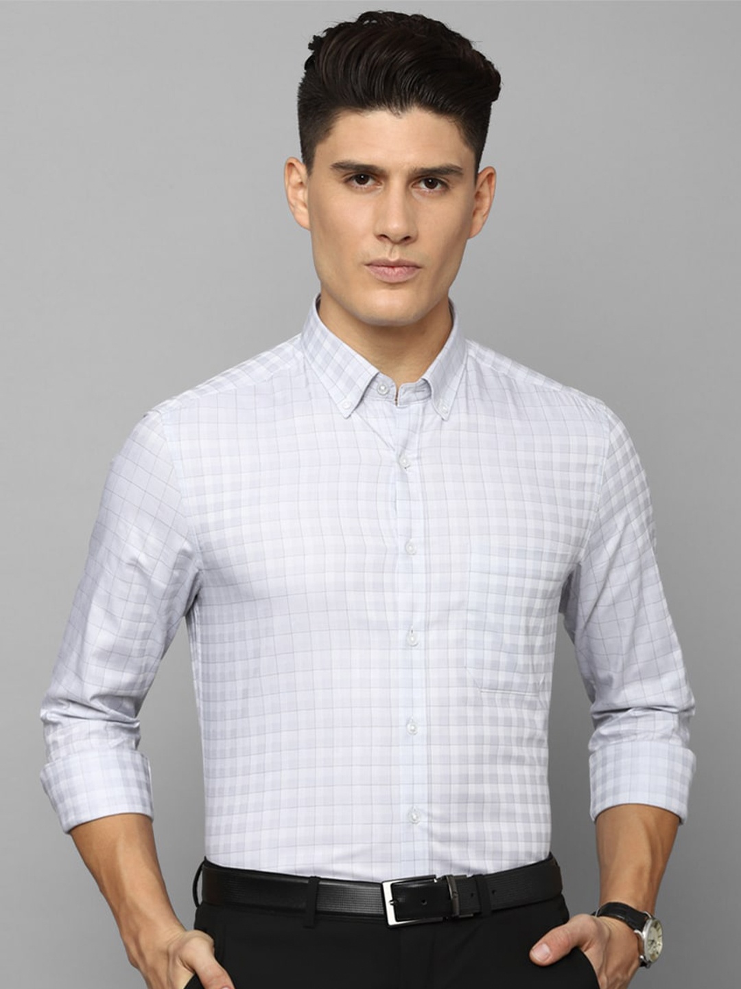 

Louis Philippe Slim Fit Grid Tattersall Checked Formal Shirt, Grey