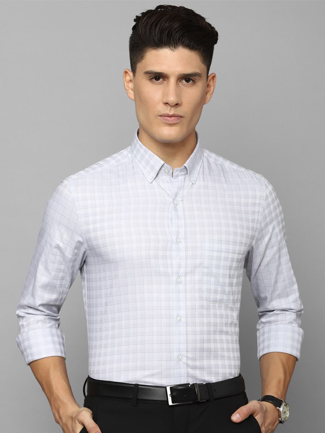 

Louis Philippe Slim Fit Grid Tattersall Checked Formal Shirt, Grey