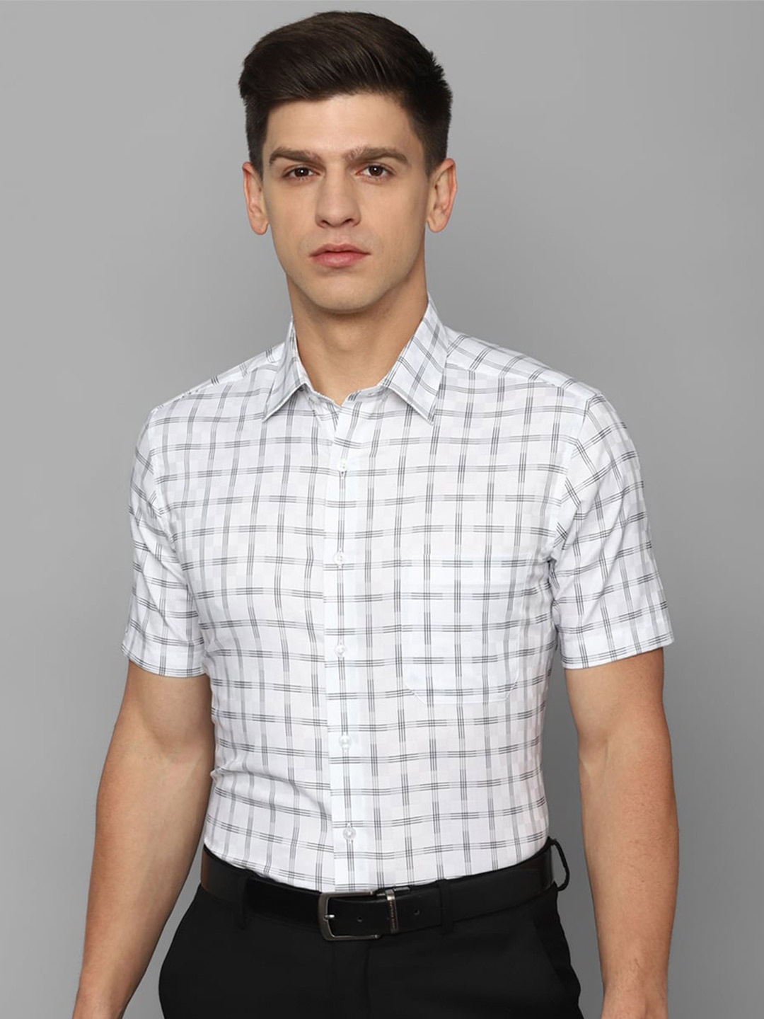 

Louis Philippe Pure Cotton Slim Fit Grid Tattersall Checked Formal Shirt, Grey