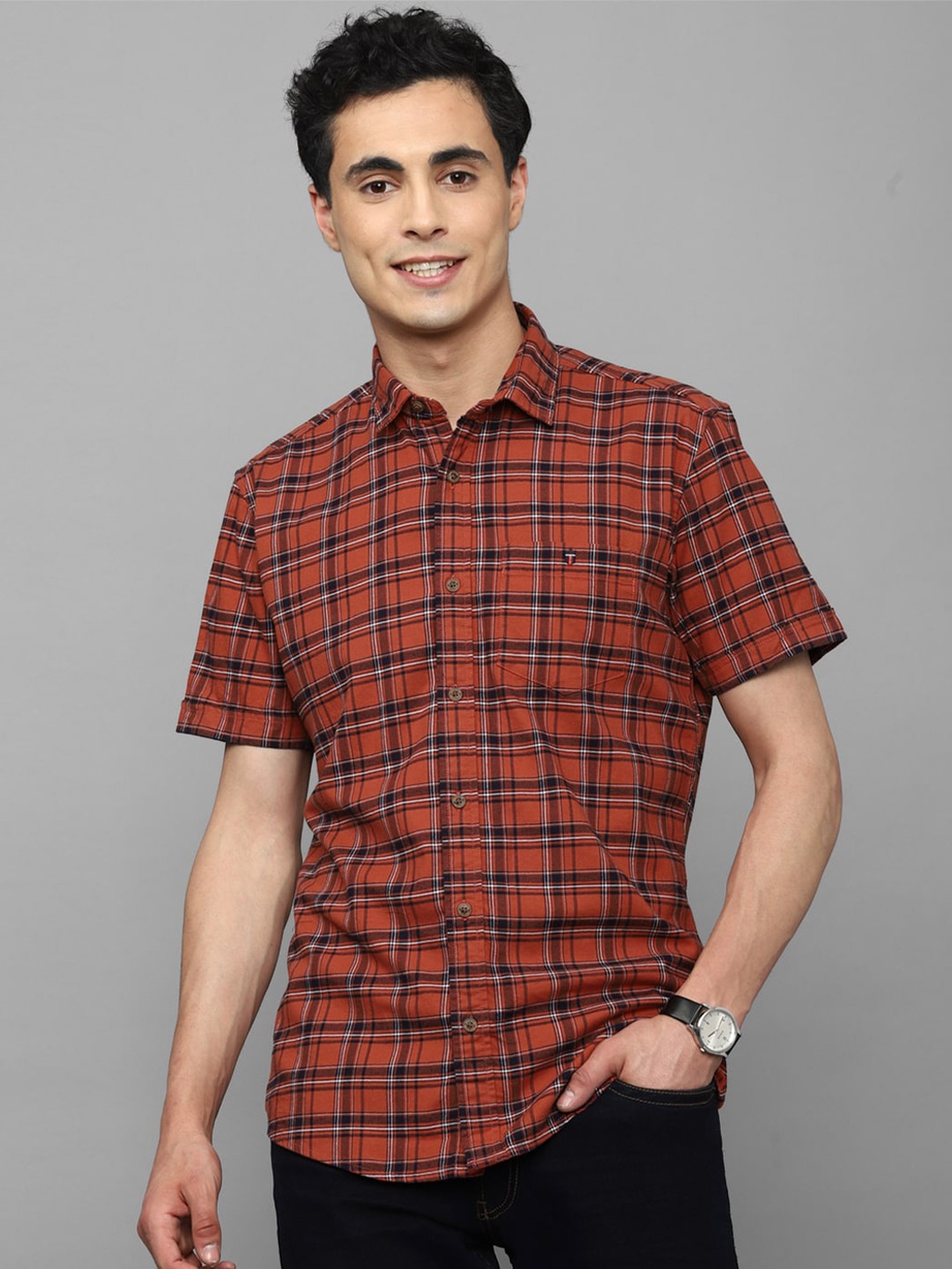 

Louis Philippe Jeans Men Slim Fit Tartan Checked Casual Shirt, Orange