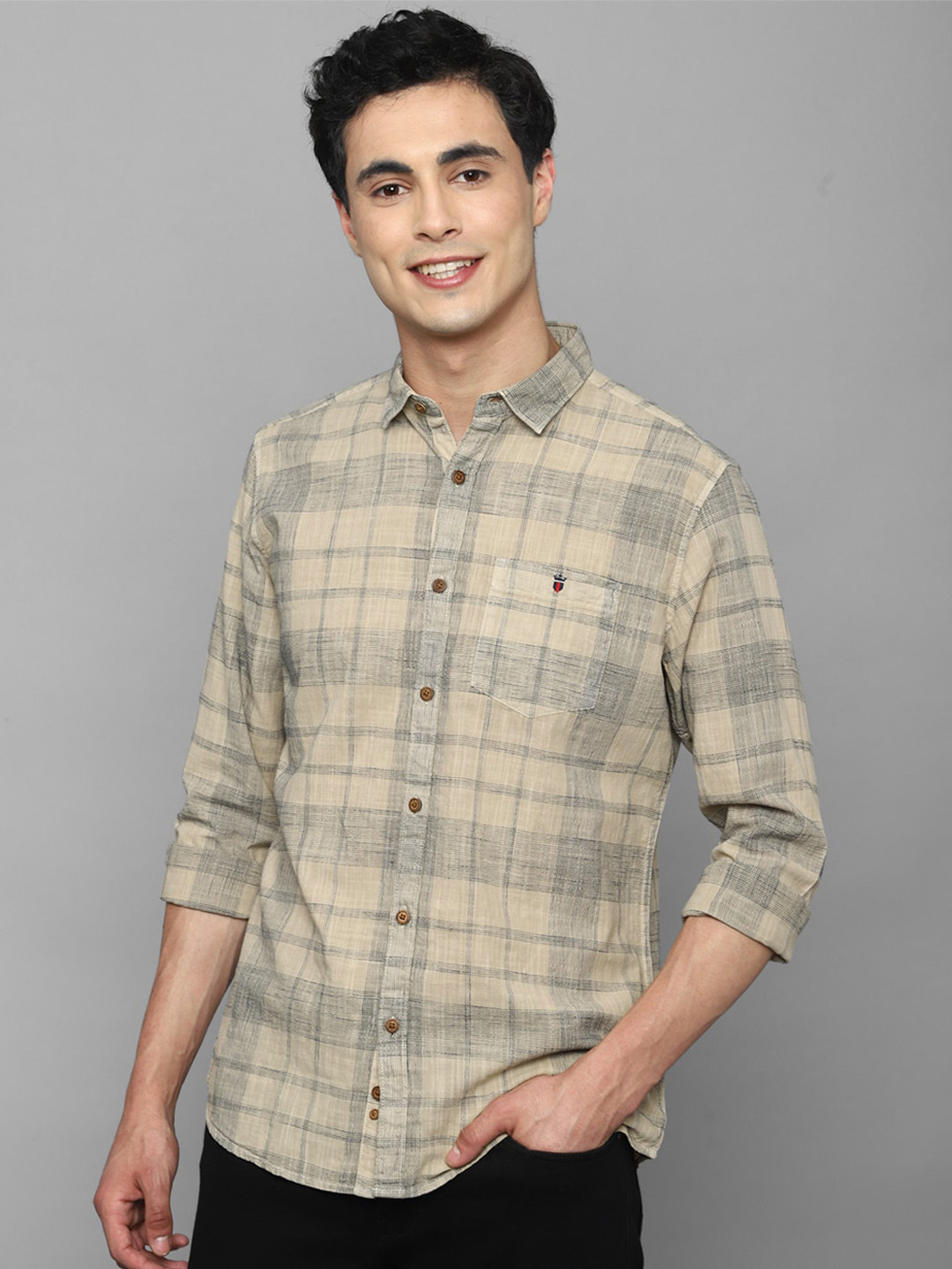 

Louis Philippe Jeans Men Slim Fit Tartan Checked Pure Cotton Casual Shirt, Beige