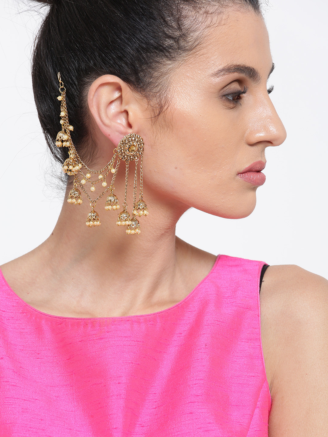 

Zaveri Pearls Off-White Gold-Plated Stone-Studded Beaded Jhumkas