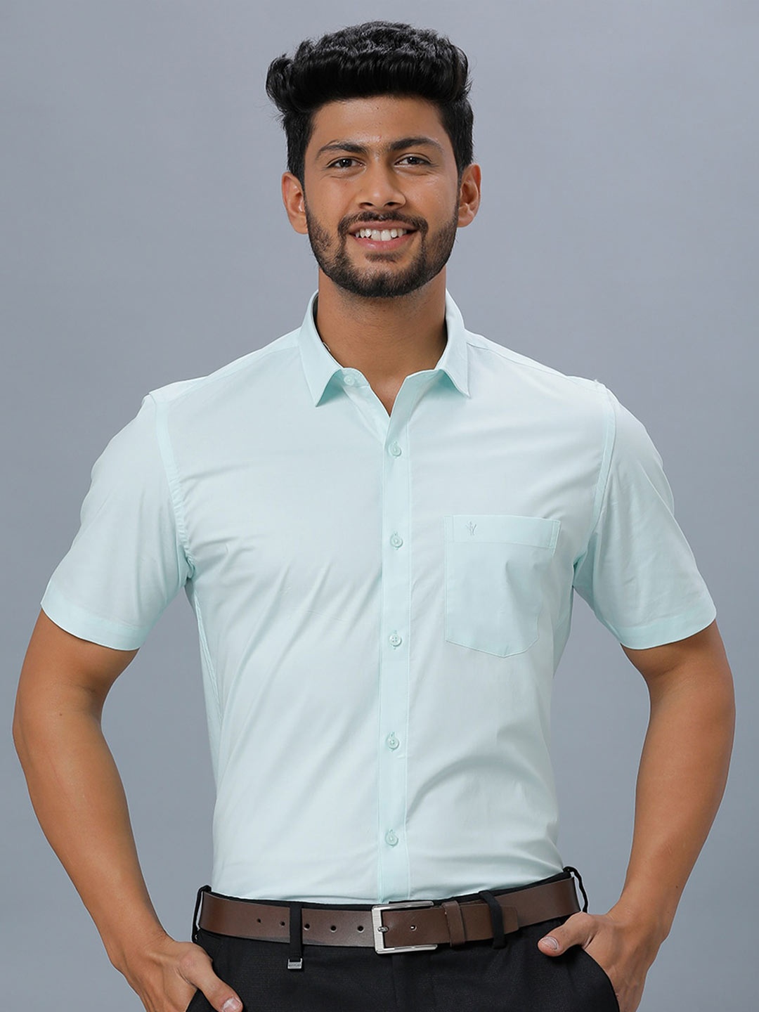 

Ramraj Men Cotton Short Sleeves Opaque Formal Shirt, Blue