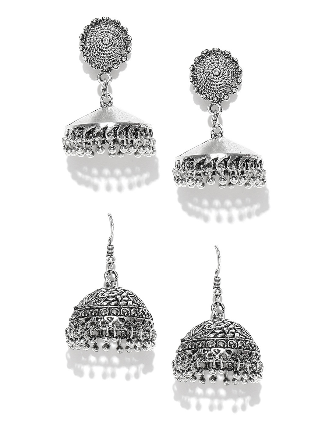 

Zaveri Pearls Set of 2 Oxidised Silver-Plated Jhumkas