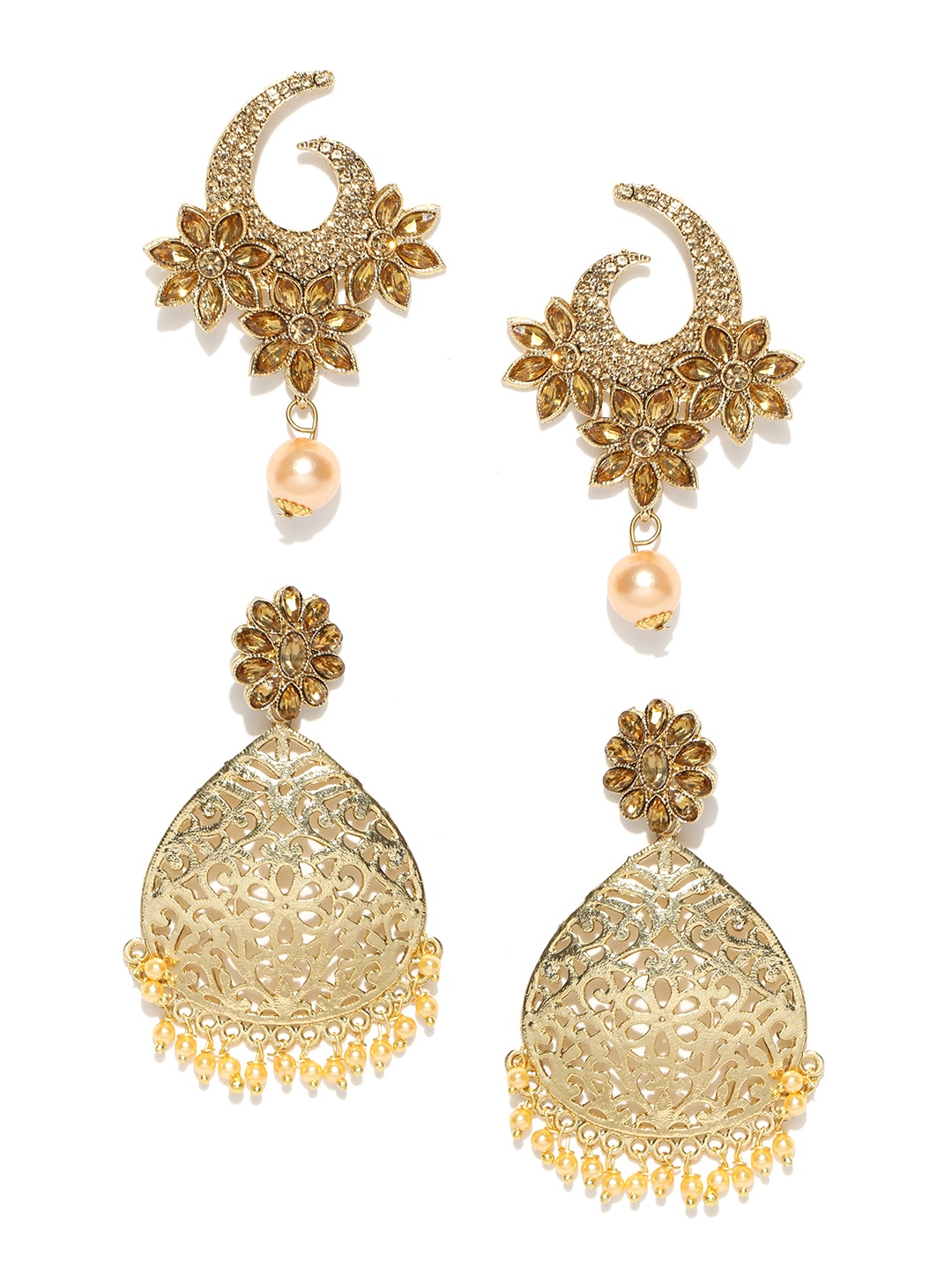 

Zaveri Pearls Set of 2 Gold-Plated Stone-Studded Drop Earrings