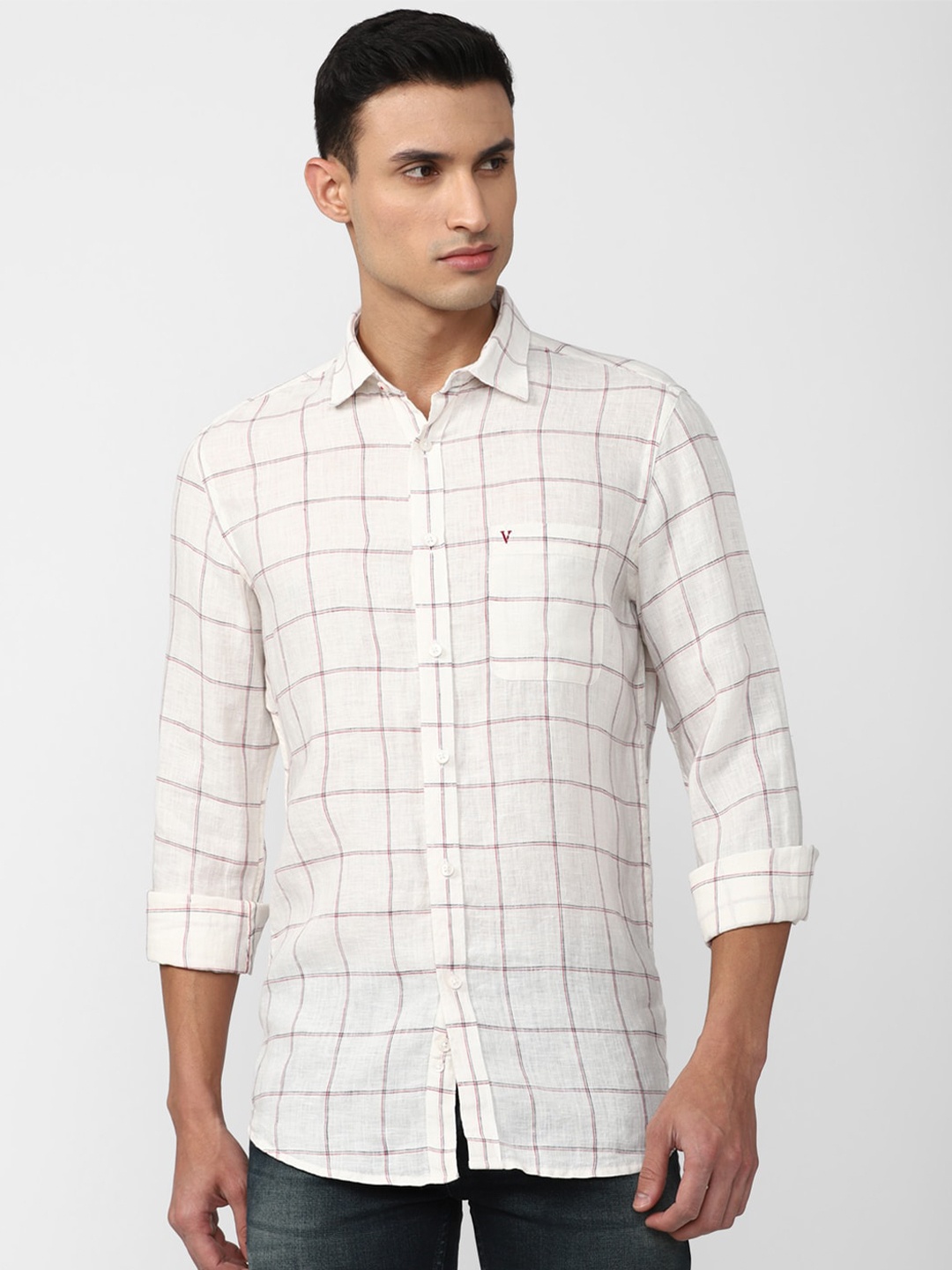 

Van Heusen Sport Slim Fit Windowpane Checks Opaque Checked Casual Shirt, Cream