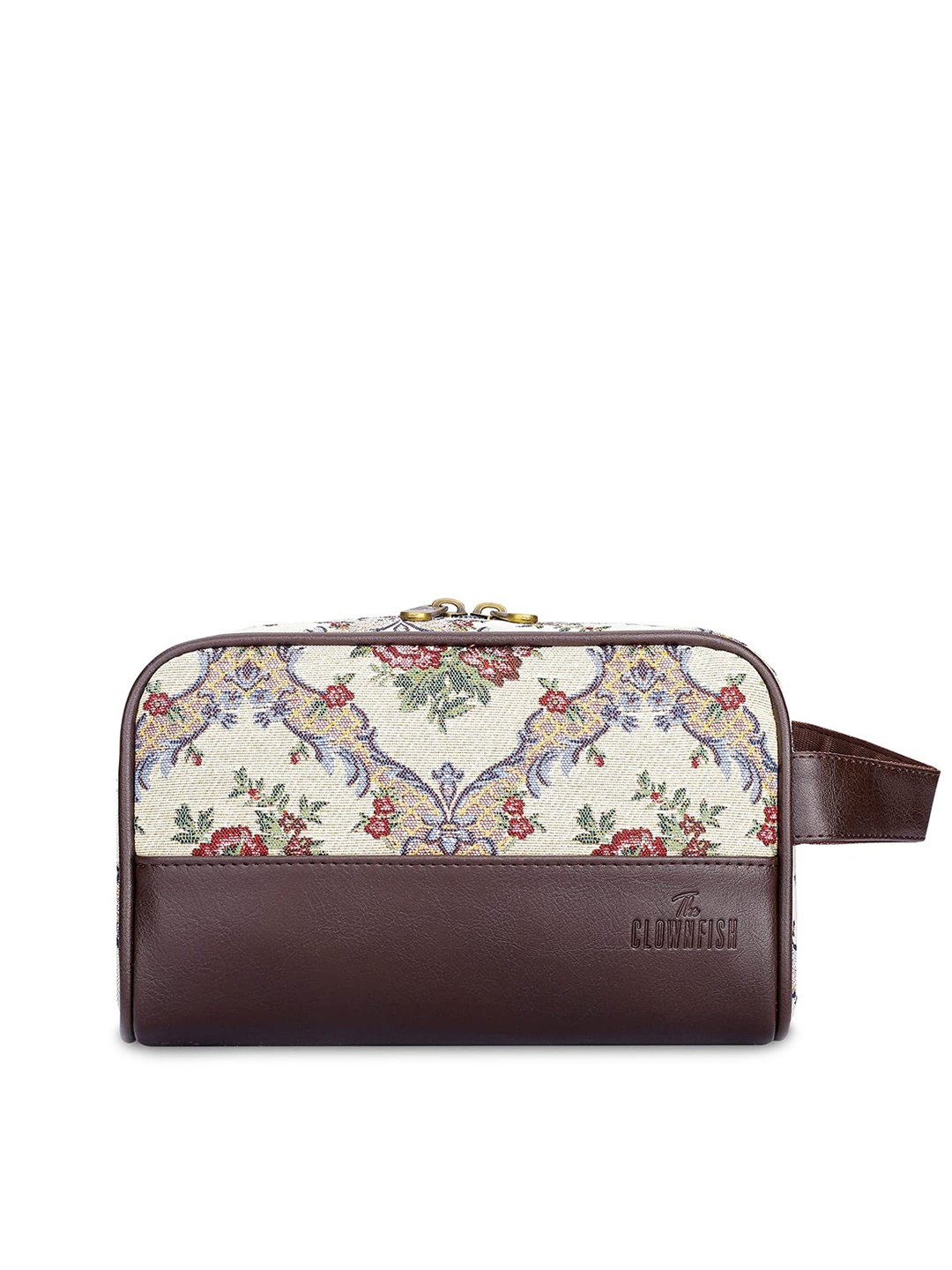 

THE CLOWNFISH Floral Print Textured Toiletry Kit, Brown