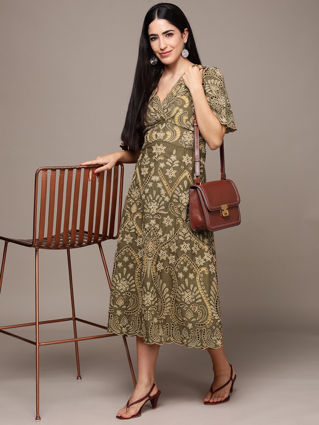 

Ritu Kumar Floral Embroidered A-Line Midi Dress, Green