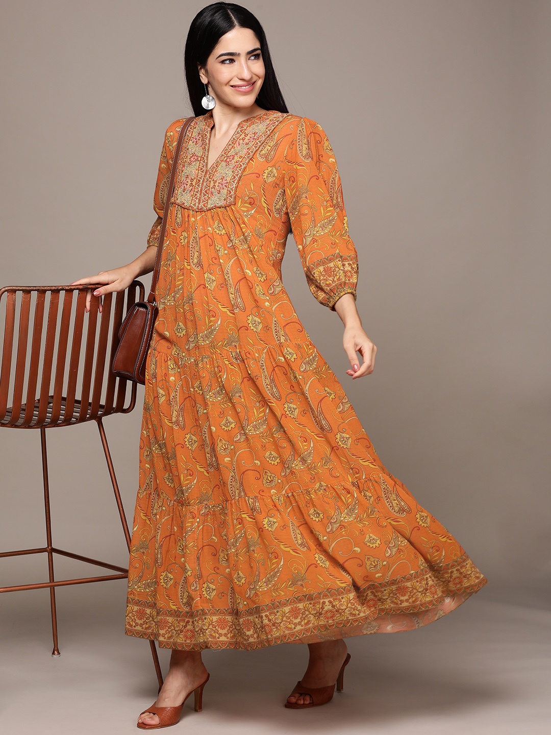 

Ritu Kumar Floral Print Bishop Sleeve Ethnic A-Line Maxi Dress, Orange