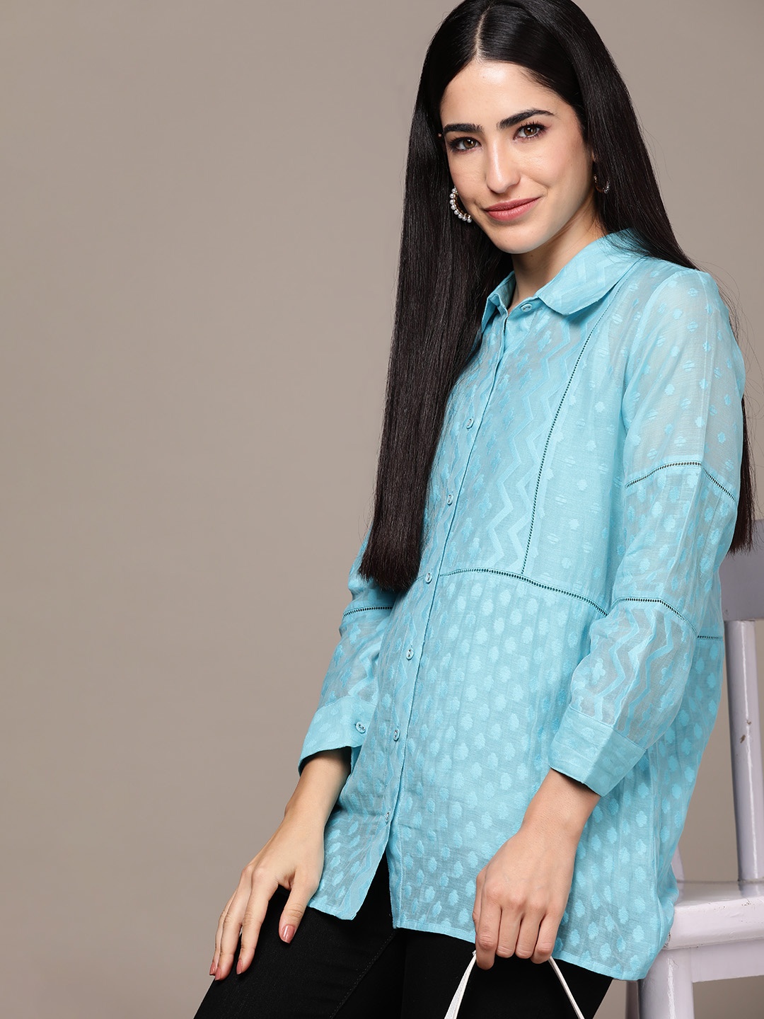 

Ritu Kumar Relaxed Chevron Semi Sheer Casual Shirt With Inner, Blue