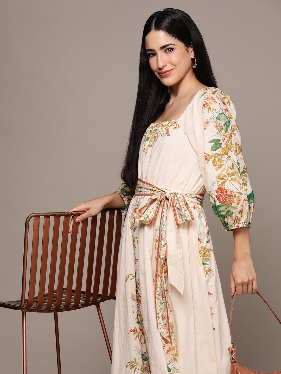 

Ritu Kumar Floral Print Bishop Sleeve A-Line Maxi Dress, Off white