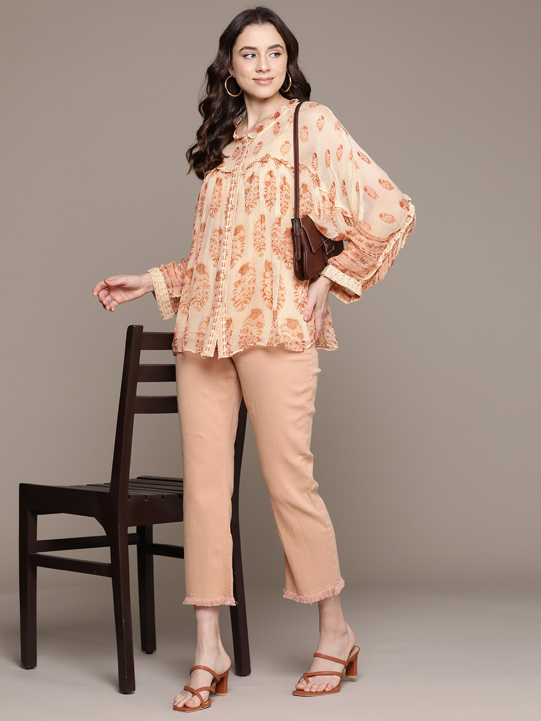 

Ritu Kumar Women Comfort Tailored Fit Opaque Printed Casual Shirt with Camisole, Beige