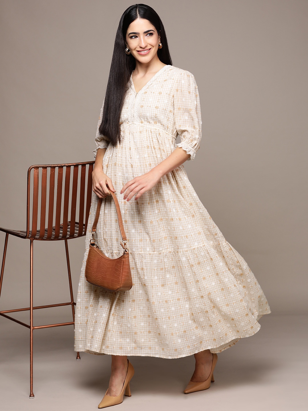 

Ritu Kumar Embroidered Puff Sleeve A-Line Maxi Dress, Beige